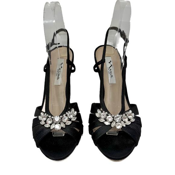 Nina Viani Evening Wedge Sandals Womens size 7 M Black Luster Satin + Rhinestone - Picture 13 of 16
